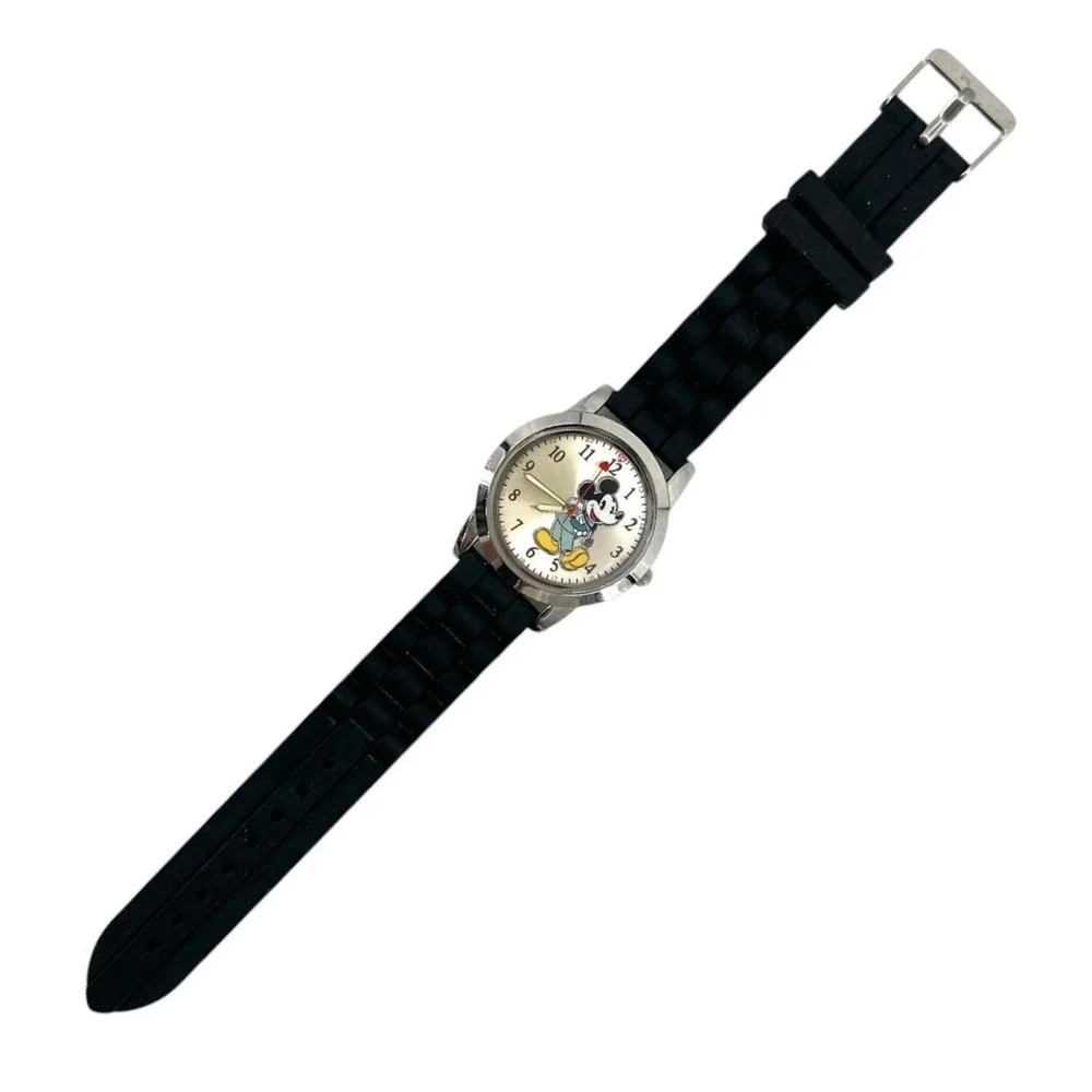 Disney Mickey Mouse Watch Accutime Heart Second Hand Black Band MK1111 Working